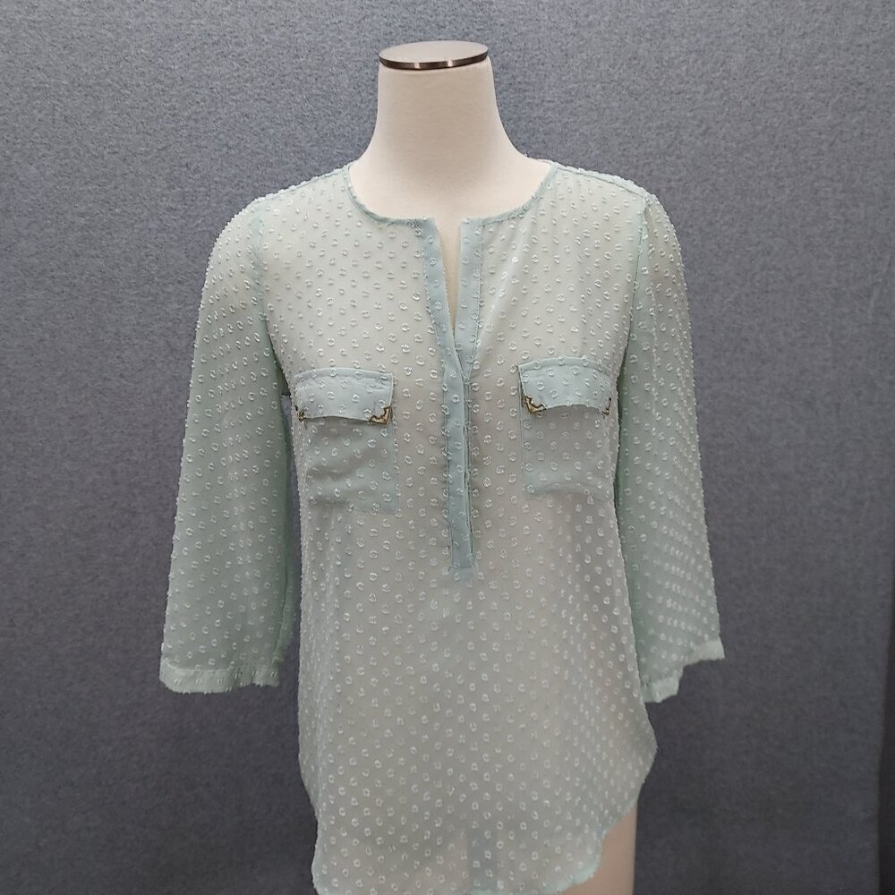 The Limited Small Swiss Dot‎ Seafoam PopOver Blouse Gold Accents Size S